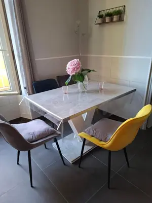 a table with two chairs and a vase with flowers on it at Charmant studio in Cannes
