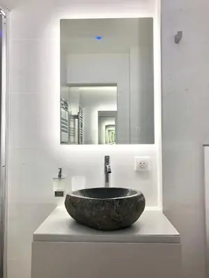 a bathroom with a stone sink and a mirror at Palm Beach apartment in Cannes