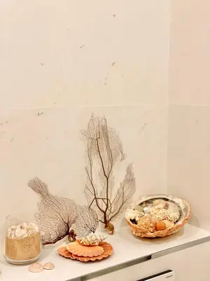 a table with two plates of food on a shelf at Palm Beach apartment in Cannes
