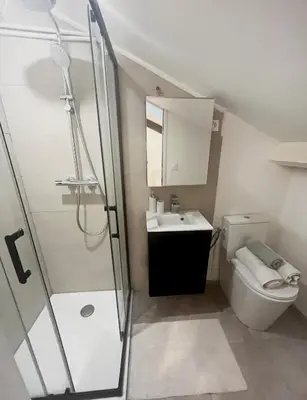 a bathroom with a shower and a toilet and a sink at Petit Studio Cannes - 5min Plages & Gare & Palais des Festivals - Climatisation in Cannes