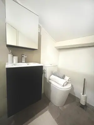 a bathroom with a white toilet and a sink at Petit Studio Cannes - 5min Plages & Gare & Palais des Festivals - Climatisation in Cannes