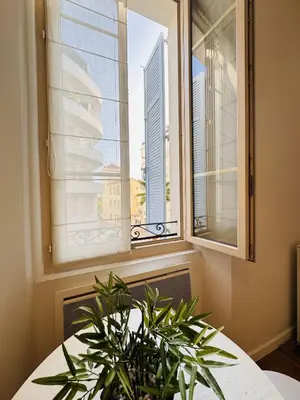 a table with a plant in front of a window at Studio chaleureux proche croisette Mimont29 in Cannes