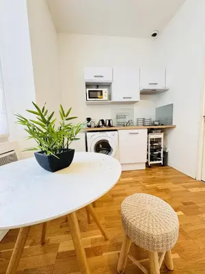 a white table with a plant on it in a kitchen at Studio chaleureux proche croisette Mimont29 in Cannes