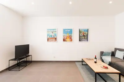 a living room with a couch and a tv at Vagliano Standing Presta in Cannes