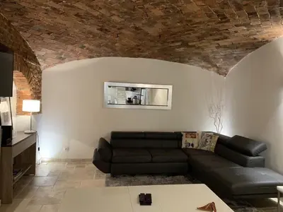 a living room with a black couch and a brick wall at C098- Cannes - Suquet Bel appart - Grande Terrasse in Cannes