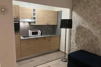 a kitchen with wooden cabinets and a microwave on a counter at Cannes Croisette Studio 3 pers Cosy CLIM WIFI PKG in Cannes