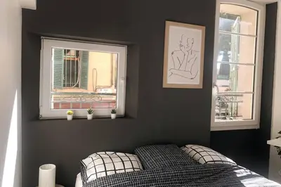 a bedroom with a bed and two windows at Studio cosy en plein centre-ville in Cannes