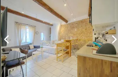 a kitchen and living room with a couch and a table at Appartement Canne 1 chambre - 12RP in Cannes