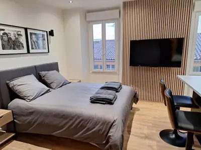 a bedroom with a bed and a flat screen tv at Appartement comme une suite d’hôtel in Cannes
