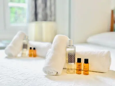 a bathroom counter with towels and a bottle of soap at Le Guynemer - Appartement Beaux Arts Cannes in Cannes