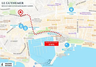 a map of a city with a red marker at Le Guynemer - Appartement Beaux Arts Cannes in Cannes