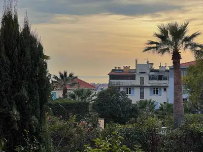 a white house with a palm tree in the foreground at Terrasse Vue Mer - A quelques minutes de Cannes in Le Cannet