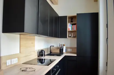 a kitchen with black cabinets and a sink at T2 Cannes centre in Cannes