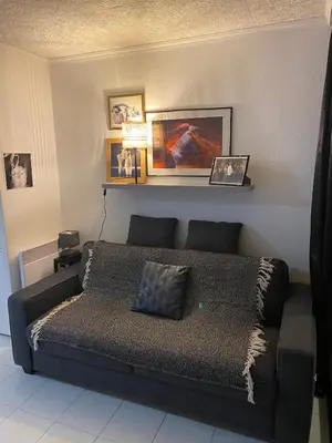 a bed in a room with a couch at Bord de mer, terrasse, tout à pieds in Cannes
