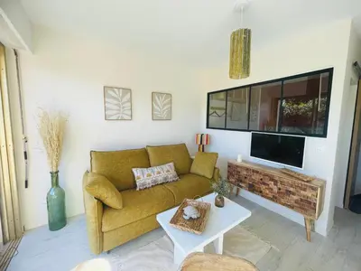 a living room with a couch and a flat screen tv at Le Week Riviera III -3 étoiles-Plage du midi-Grande terrasse-Piscine-Cannes- Palais des Festivals in Cannes
