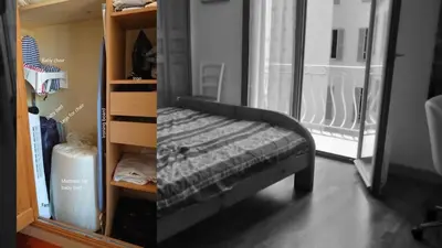 two pictures of a bedroom with a bed in a room at B042-Functional apartment with balcony Suquet Cannes in Cannes