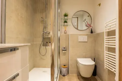 a bathroom with a shower and a toilet and a mirror at Upscale 3-room apartment 300m from the beaches in Cannes