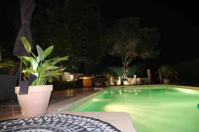 a swimming pool at night with a potted plant at 10mn de Cannes, villa entière de 150m2. in Le Cannet