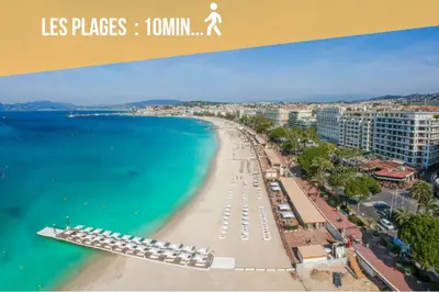 a view of a beach with umbrellas and the ocean at Chic Cannois Proche de la Croisette in Cannes