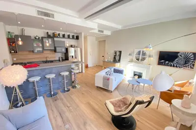 a living room with a couch and a fireplace at Beautiful 2 bedrooms 2 bathrooms Center of Cannes in Cannes