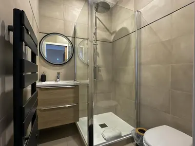 a bathroom with a shower and a toilet and a mirror at Appartements Centre Cannes in Cannes