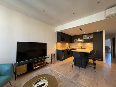 a living room with a large television and a kitchen at Appartements Centre Cannes in Cannes