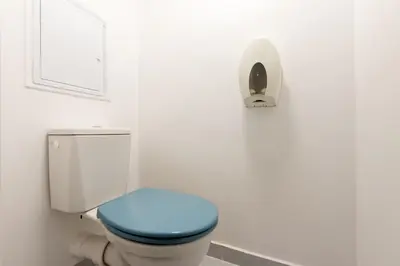 a bathroom with a toilet with a blue seat at Le Coquillage - 200 mètres de la Plage in Cannes