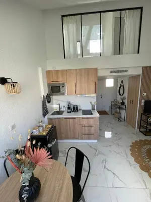 a large kitchen with a table and a counter top at Duplex en bord de mer avec piscine et parking in Cannes