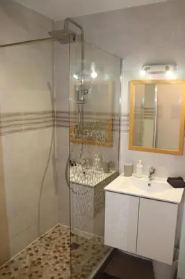 a bathroom with a shower and a sink at Confort-Appartement cocooning *** in Le Cannet