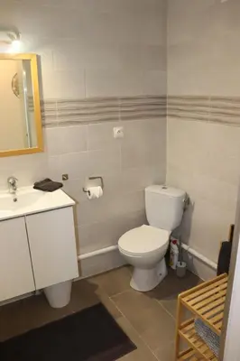 a bathroom with a toilet and a sink and a mirror at Confort-Appartement cocooning *** in Le Cannet