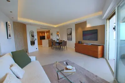 a living room with a couch and a tv at COMPLETELY RENOVATED APARTMENT ON BLD CROISETTE, 3 PARENTAL BEDROOMS in Cannes