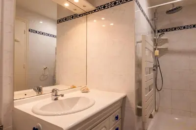 a bathroom with a sink and a shower at 3-Br Apartment Terrace steps from Beaches in Cannes