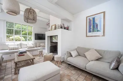 a living room with a couch and a fireplace at Villa Palma near the beaches Cannes in Cannes