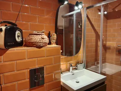a bathroom with a sink and a mirror at STUDIO VILLA VIANNEY in Cannes