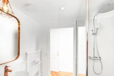 a bathroom with a shower and a mirror at 5mn Palais des festivals - Vue sur le Port - BS in Cannes