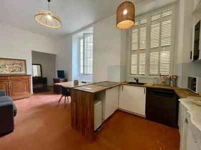 a kitchen with a counter and a table in a room at Le Zeus - Cannes Villa St Henri seafront unique 2bedrooms in Cannes