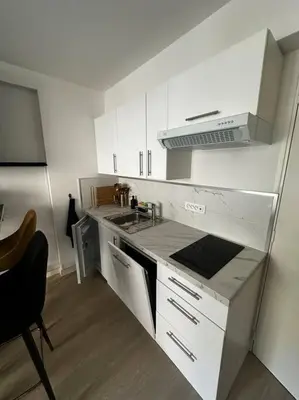 a white kitchen with a sink and a stove at Joli F2, 7 min de la gare in Cannes