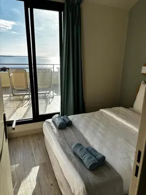 a bedroom with a bed and a view of the ocean at Villa Francia Cannes in Cannes