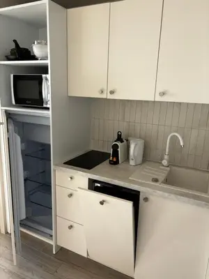 a kitchen with white cabinets and a sink at Villa Francia Cannes in Cannes