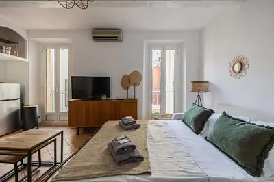 a living room with a couch and a tv at Charming apartment heart of Le Suquet in Cannes