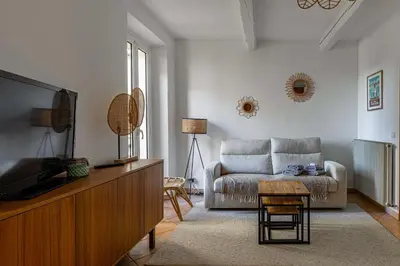 a living room with a couch and a tv at Charming apartment heart of Le Suquet in Cannes