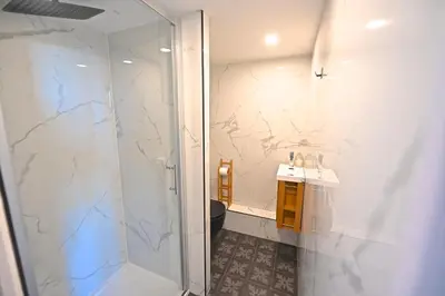 a bathroom with a shower and a sink at DUPLEX 6 chambres Clim WIFI SAUNA Cannes in Cannes