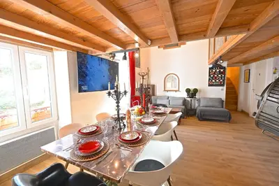 a dining room with a long table and chairs at DUPLEX 6 chambres Clim WIFI SAUNA Cannes in Cannes