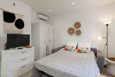 a bedroom with a bed and a flat screen tv at Studio Alexandre - Cannes in Cannes