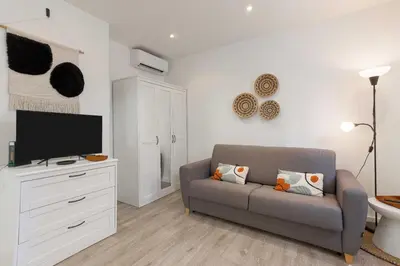 a living room with a couch and a flat screen tv at Studio Alexandre - Cannes in Cannes
