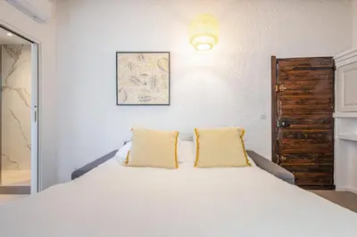 a living room with a couch and a tv on a wall at Joli studio Cannes marché forville in Cannes
