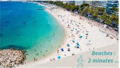 a group of people on a beach with the text beaches minutes at 2 Chambre Modern - Proche palais - Spacieux - Calme in Cannes
