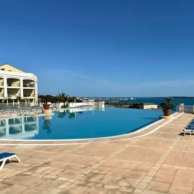 a large swimming pool with a view of the ocean at Villa Francia Cannes in Cannes