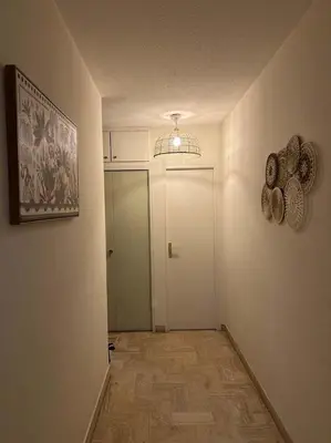a hallway with a door and a painting on the wall at A050-Studio avec jardin prive Cannes pres de la plage in Cannes