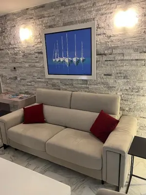 a living room with a couch and a tv on a brick wall at Chic 47m2, 2 rooms, ground floor, nice patio, 280m beach Croisette in Cannes